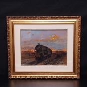 A contemporary oil on board depicting a steam train at dusk, signed to the bottom right in a
