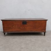 An 18th century elm six plank chest or coffer on shaped supports. H.44 W.116 D.34cm