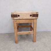 A C.1900 iron clad maple butchers block in two parts raised on a straight stretchered pitch pine
