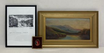 A mixed lot to include an early 20th century oil landscape on canvas, a contemporary woodcut print