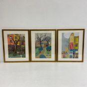 Three contemporary watercolours depicting stylised street scenes, all framed and glazed with