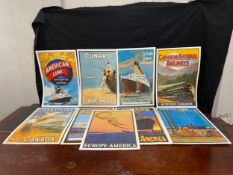 A collection of nine reproduction mid-century style travel posters, White Star, Cunard etc.