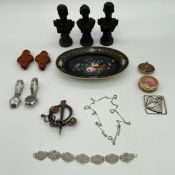 A mixed lot to include three patinated bronze figural busts of Roman Emperors, a hand painted