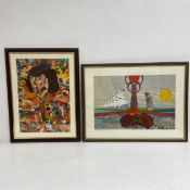 Two contemporary acrylic paintings to include an abstract portrait and a fantastical dreamlike