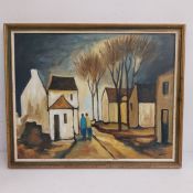 After Markey Robinson, oil on board, figures on a village street. H.35 W.55cm
