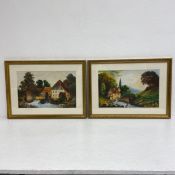 A pair of early 20th century oil paintings depicting water mills in rural settings, both signed G.