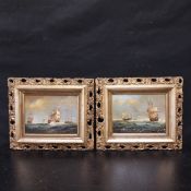 A pair of oleographs on canvas, galleons at sea in the 17th century Dutch style, signed in carved