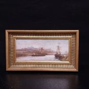 A 19th century oil on board depicting boats on a river with a cathedral in the distance by W.