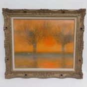 Richard Ewen (1929-2009), oil on canvas, trees by a river at sunset, signed and dated. H.70 W.88cm.