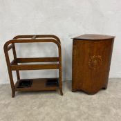A mid century oak umbrella stand with drop in metal drip trays and a similar corner laundry bin. H.