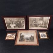 A mixed lot to include a 19th century hand coloured engraving titled 'The Masked Ball' by J.H.