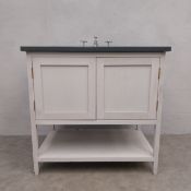 A marble topped painted washstand fitted with Armitage Shanks basin and chrome taps. H.85 W.89 D.
