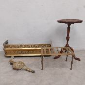A mixed lot: brass fender, bellows and kettle stand and a mahogany tripod table. Fender H.19 W.72