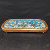 A 19th century mahogany tray or stand with inset beadwork panel and glass top. H.5 W.52.5 D.24.5cm.