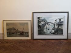 A Chinese watercolour of Hong Kong harbour and another watercolour of figures punting on a Chinese