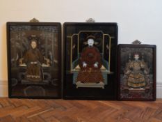 A pair of early 20th century Chinese reverse paintings on glass, emperor and empress and a smaller