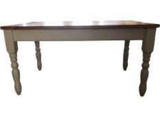 A contemporary Victorian style kitchen table with planked top above painted base. H.79 W.153 D.