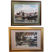 Two watercolours, both harbour scenes by John Corrie, both reframed and glazed in 1908s to museum