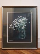 An acrylic on paper still life flower study signed Avril Jaques with gallery label to the reverse,