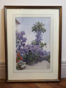 A mid-century watercolour garden with wisteria, reframed and glazed in 1908s to museum standard.