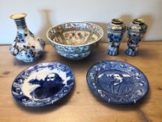 A pair of Royal Doulton plates, Dickens and Shakespeare, three Losel Ware vases and a Chinese