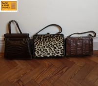 Two vintage crocodile skin handbags bags and another similar. 30x22cm. (Largest).