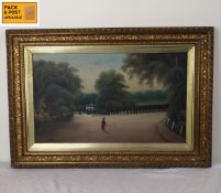 A 19th century gilt framed oil on board, figure on a lane, signed. 80x55cm.