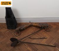 A 19th century iron host mould, iron mounted yoke, etc. L.88 (Largest).