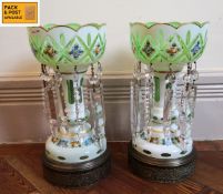 A pair of 19th century Bohemian glass lamps with cut glass drops, converted for electricity. H.