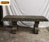 A concrete garden bench on classically styled supports. H.48 W123 D.40cm. (With repairs as seen).