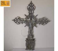 A large 19th century French painted cast iron crucifix. 105x80cm.