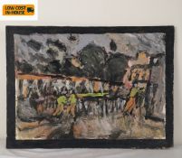 Barry De More (1948-2023), oil on card laid on cardboard, expressionist figures in an urban