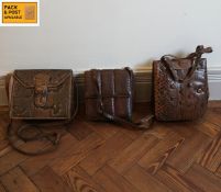 Three vintage snake and crocodile skin handbags. 25x23cm. (Largest).