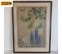 A large C.1900 watercolour on silk behind glass, bird amongst apples and summer flowers. 97x72cm. (