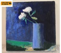 A small oil on canvas, still life carnations in a vase. 31x31cm.