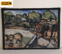 Barry De More (1948-2023), oil on card laid on cardboard, expressionist urban landscape, Elland