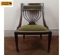 An Edwardian mahogany salon chair with satinwood husk and urn inlay. Seat height 32cm.