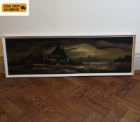 Edward Elliott, oil on board, village scene by moonlight with label to the reverse, signed.