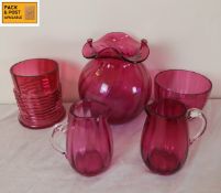 Five miscellaneous items of cranberry glass. H.15 (Tallest).