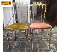A pair of vintage brass salon dining chairs. Seat height 49cm.