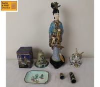 A mixed collection of Oriental cloisonne to include a figure, rabbit, box, thimbles and a small