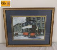 A framed and glazed acrylic painting, English school trolley bus and figures on an urban street,