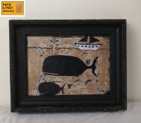 Manner of Steve Camps (b.1957), a framed oil on panel, naive school whales and a ship at sea.