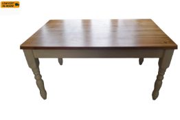 A contemporary Victorian style kitchen table with planked top above painted base. H.79 W.153 D.92cm.