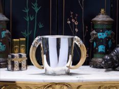 A STERLING SILVER AND BOAR TUSK ICE BUCKET, GERMAN, 20TH CENTURY
