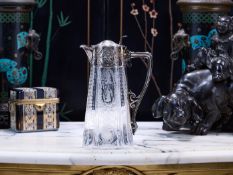 A 19TH CENTURY STERL;ING SILVER AND ETCHED GLASS CLARET JUG, 1873, SHEFFIELD