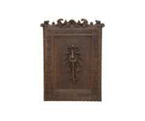A 19TH CENTURY CARVED OAK KEY BOX