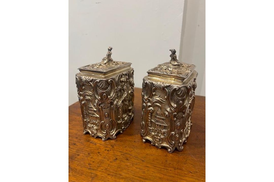 A RARE PAIR OF WILLIAM IV STERLING SILVER CHINOISERIE TEA CADDIES C. 1831, MICHAEL STARKEY - Image 29 of 40