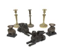 A PAIR OF 19TH CENTURY EMPIRE STYLE ORMOLU CANDLESTICKS TOGETHER WITH OTHER ITEMS