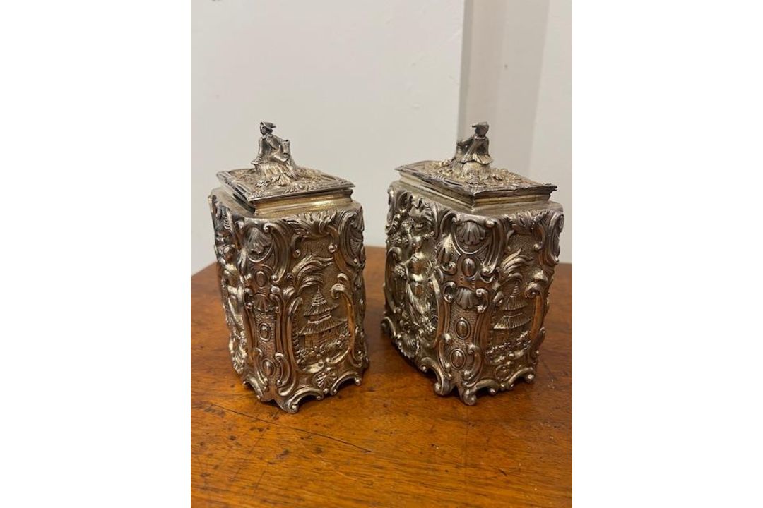 A RARE PAIR OF WILLIAM IV STERLING SILVER CHINOISERIE TEA CADDIES C. 1831, MICHAEL STARKEY - Image 7 of 40